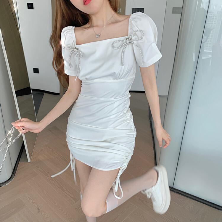 [Fanfan fan] Korean style drawstring square neck dress (with bow) 5587# zxx