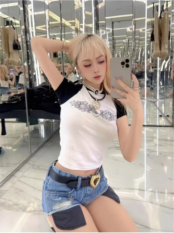 [66 clothing] contrast color round neck short Spice Girl blouse 5292# JJ