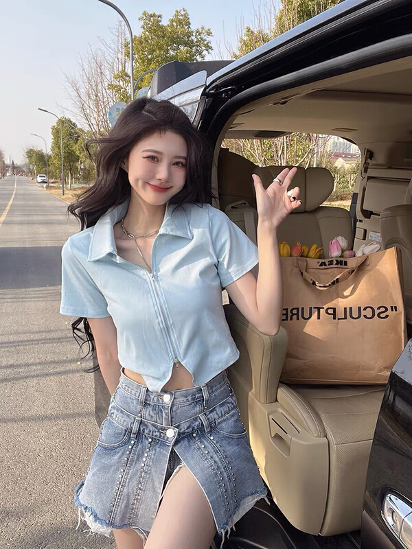 [blue show] design sense solid color zipper short sleeve T-shirt 01010# LSW