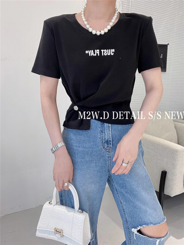 [m2w. D] contrast collar letter button design Short Sleeve T-shirt (T-shirt only) 11785# ozq