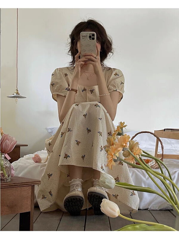 [by] square neck Style Bubble Sleeve floral dress 7726# Cl
