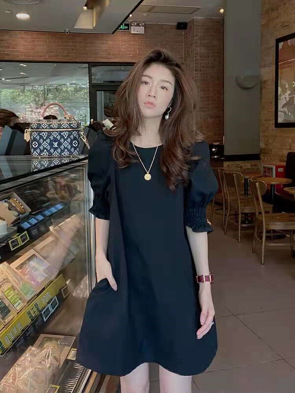 【JH】網紅純色圓領燈籠袖連衣裙(配鏈條)  41540#  PCZ