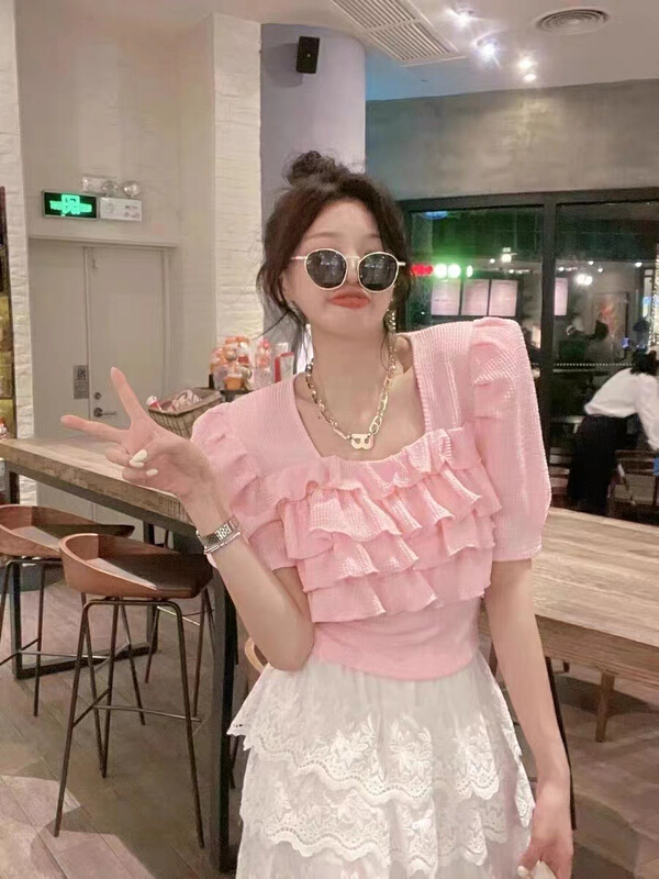 [red] Korean sweet square neck bubble sleeve shirt 6704# Cl