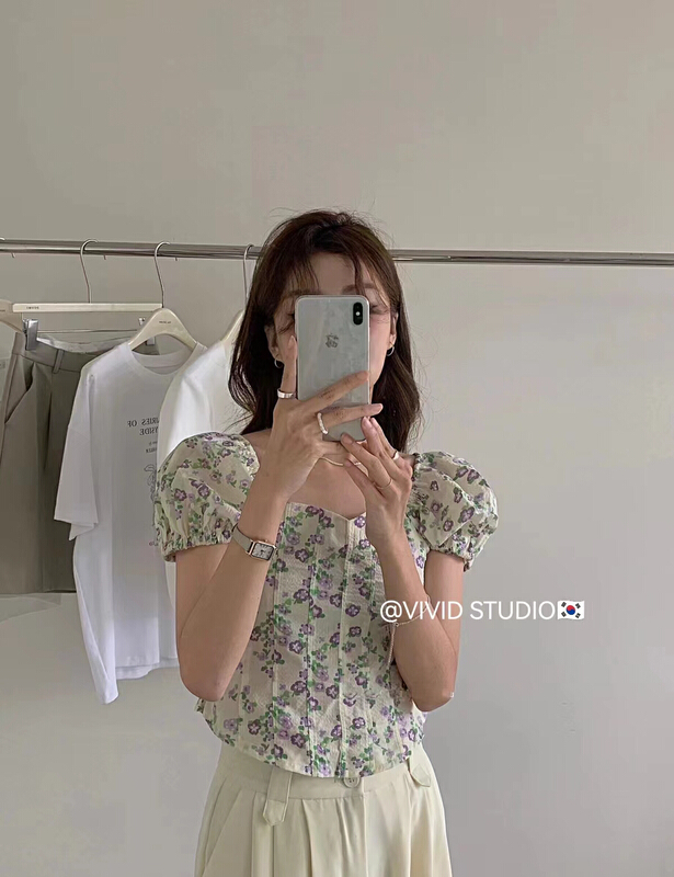 [vid] Korean version sweet broken flower bubble sleeve short shirt 1670# zjy