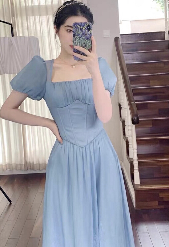 [w design] French retro square neck waist slim dress 2166# WPL