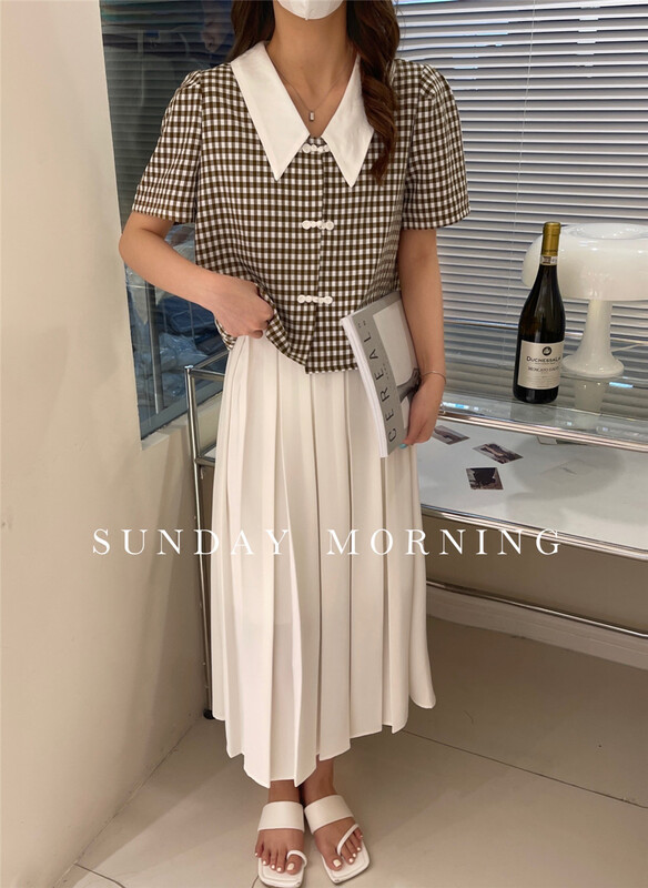 [Sunday morning] Korean checked bubble sleeve button up shirt 9129# zjy