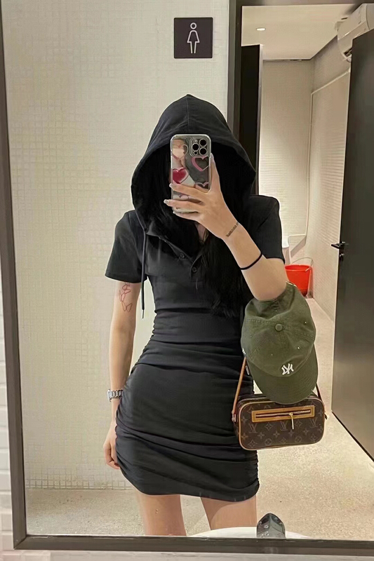 [top] Korean hooded drawstring short sleeved dress ys1-7012# zjy