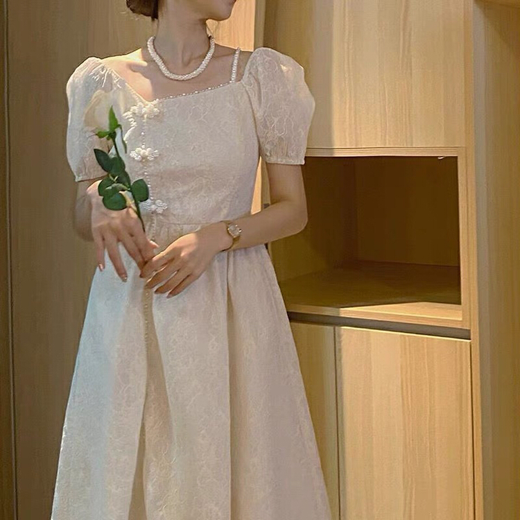 New in early summer! [come and see] disc buckle square collar retro national style improved cheongsam dress 8745# JJ