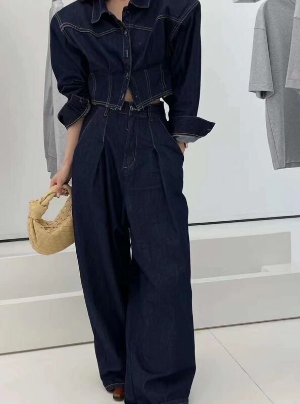 goods in stock! [Yan Zhen] commuter style simple short denim jacket + high waist and wide leg jeans set 08883# PCZ