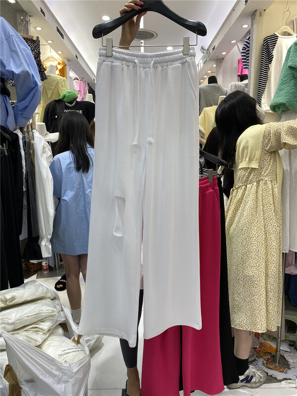 goods in stock! [winner] solid color elastic waistband with holes casual pants 8375# ozq