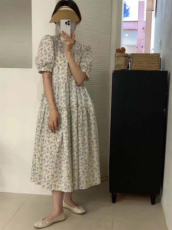 [m.zi studio] floral pleated short sleeve dress 6962# HBx