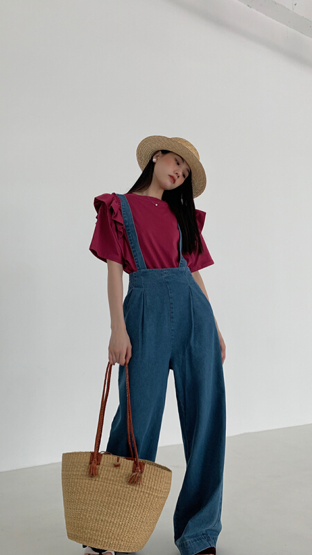 New in early summer! [new open] ruffled Korean loose solid color casual simple short sleeve T-shirt cy22698# zxl