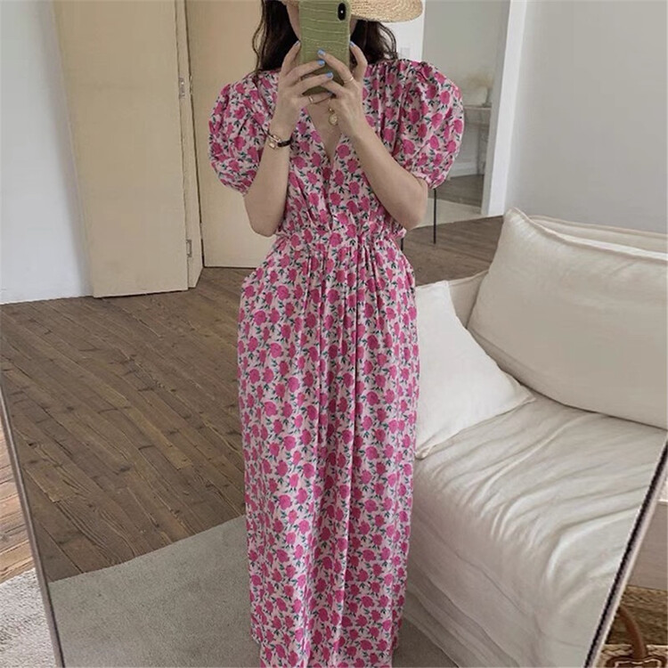 [mozr] V-neck floral bubble sleeve dress 9002# XYJ