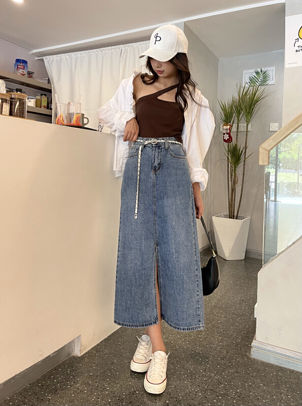 [en Xi'er] front split, versatile, slim denim skirt (with belt) k0988# L
