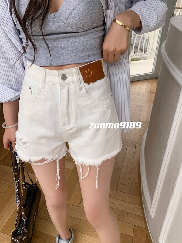 New in early summer! [zuomo Zuo Mo] rough edged smiling face LEATHER JEANS SHORTS 9189 blue 9189-2 white 9189-1 black # XJ