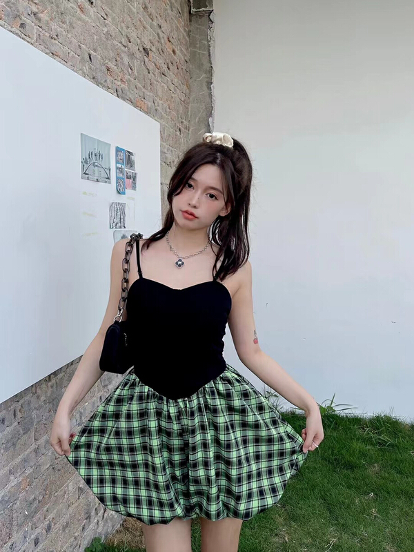 [Dore Dore] contrast color design checkered suspender Jumpsuit 1233# ozq
