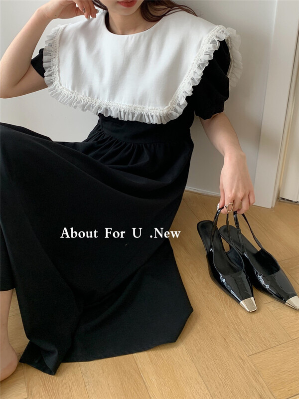 [about for u] Korean version large lapel bubble sleeve waist closing dress 66151# lwy