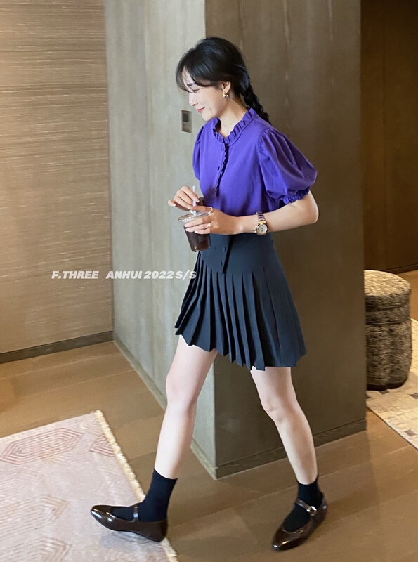 [f.three] Korean solid color pleated slim skirt 87250# XJ