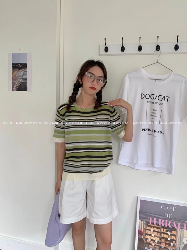 [Xiaomi] Korean round neck casual stripe sweater x26330# ll