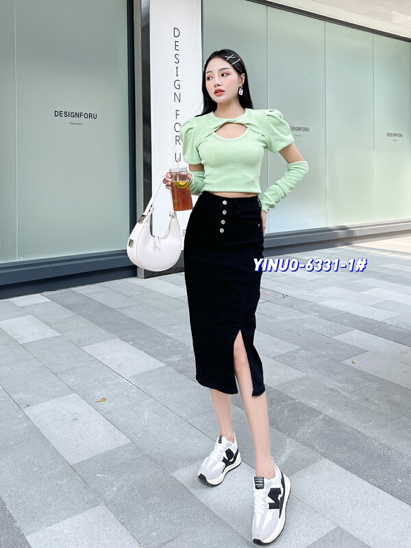 [Yinuo Yinuo denim] high waist, narrow abdomen, slim temperament, elastic breasted denim skirt 6331# ZSY