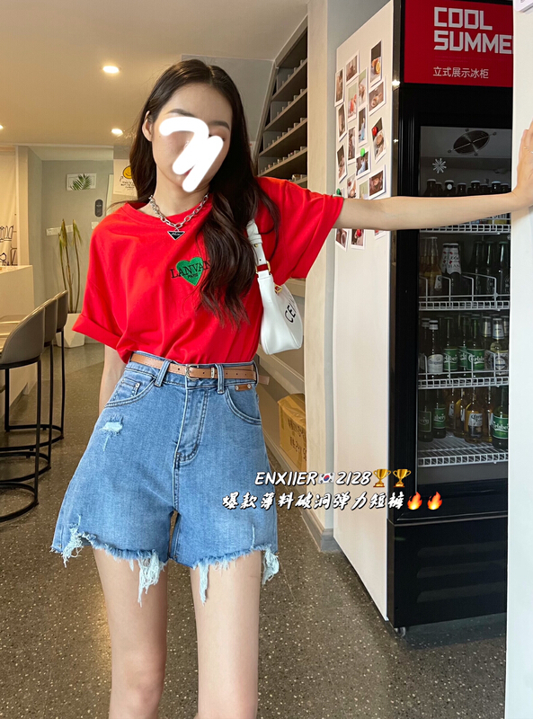 [en Xi'er] pierced elastic skinny denim shorts (with belt) em2128# L