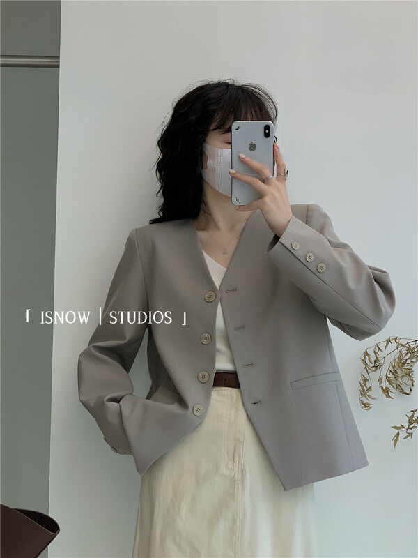 [I snow] Korean ins minimalist V-neck suit 372125# jhy