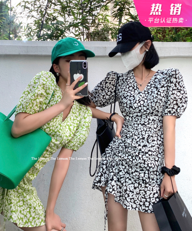 [lemon green tea] French Chic temperament V-neck Pleated Dress 2177# hjy