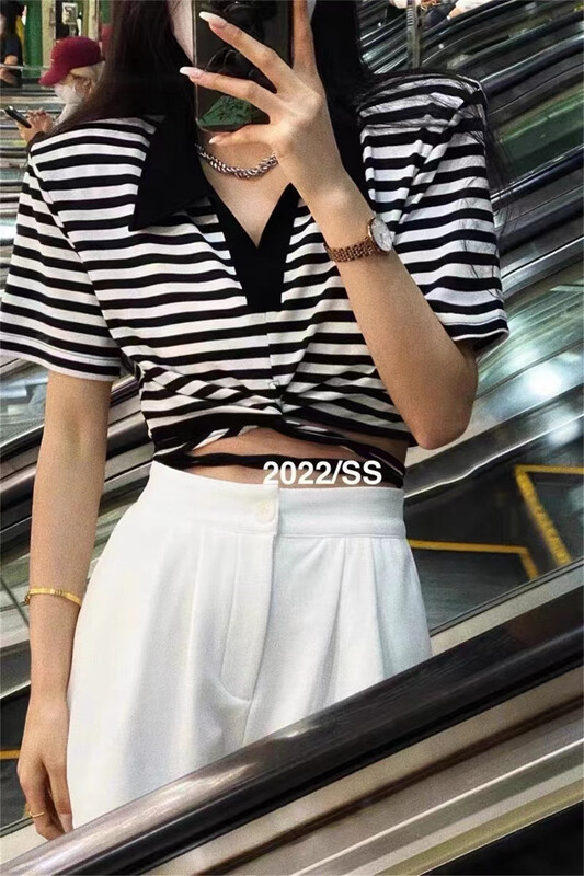 [3c+] personalized stripe bubble sleeve loose short sweater 2365\zzl