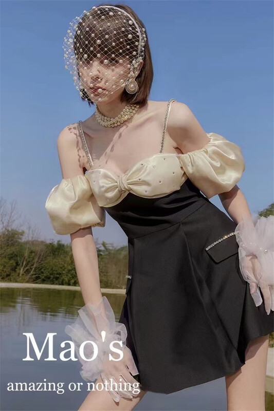 [Mao's] Korean style bubble sleeve contrast suspender dress ys1-6591# JJ