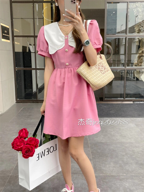 [Jieqi] French temperament color contrast sweet bubble sleeve dress 88579# zxx