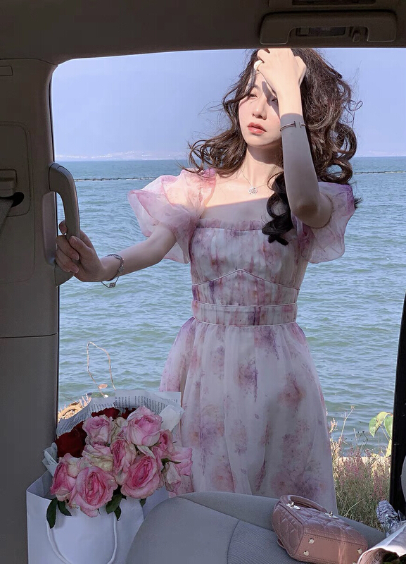 New in early summer! [JH] flower square neck Lantern Sleeve Dress 41400# PCZ