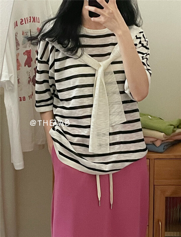 [the lab] Korean stripe fake two-piece stitching sweater 2146# zxx