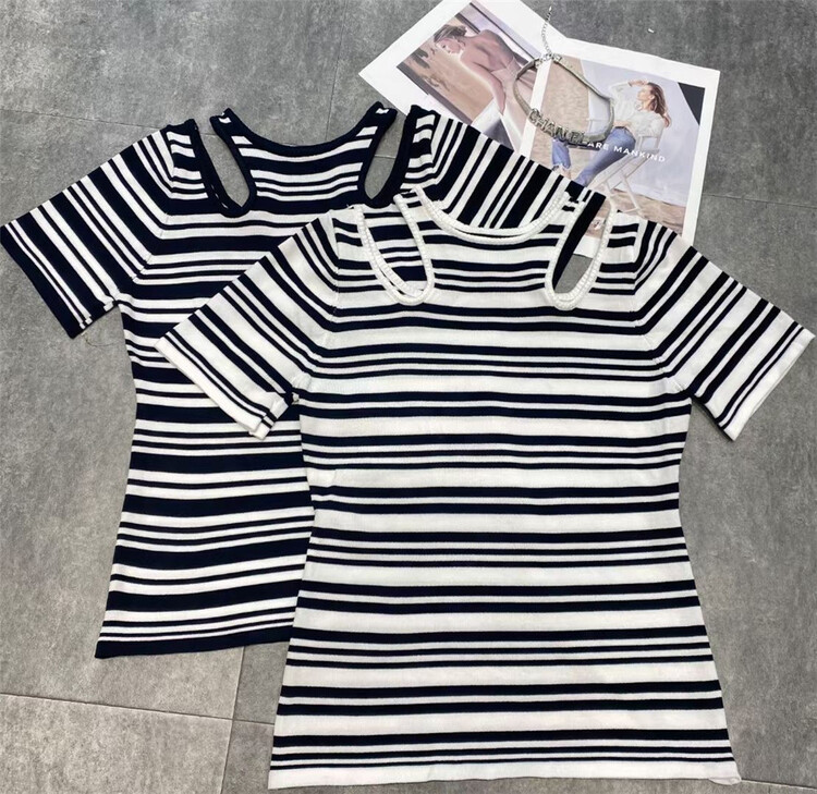 [s'seven] design hollow stripe versatile short sleeve T-shirt 2807# XYJ