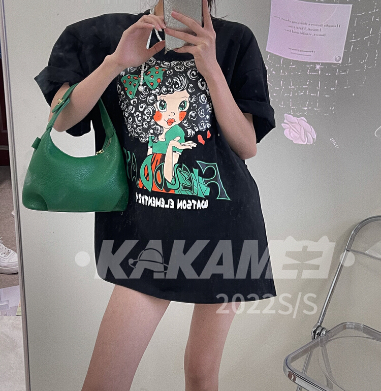 New in early summer! [kakamee] personalized trend curly hair beauty back letter spray printing short sleeve T-shirt 3921# LSL