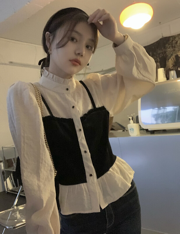 New year in early spring! [timely rain] Han Feng ins celebrity temperament Vintage velvet stitching fake two stand collar shirt 00559# jhy
