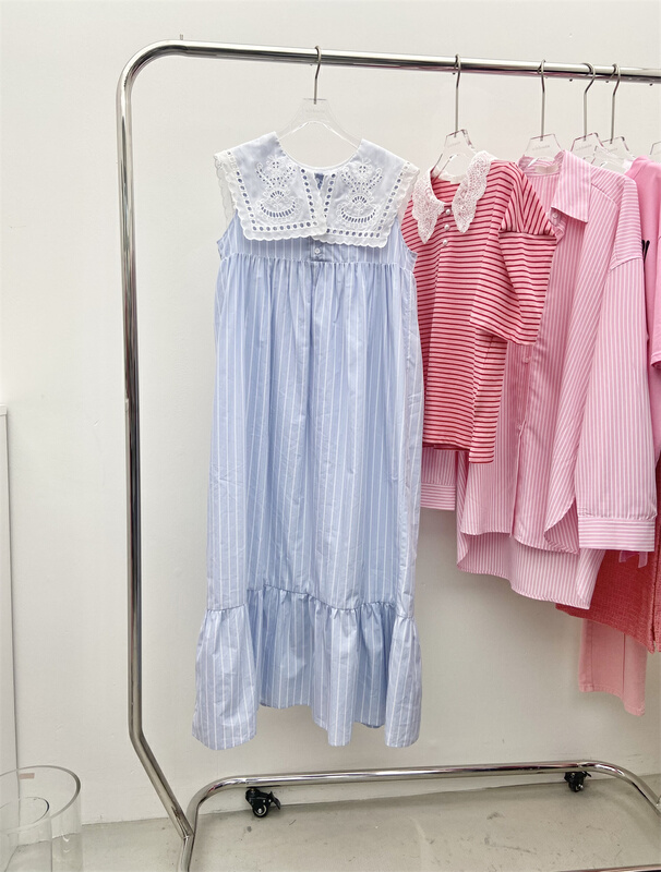 New in early summer! [withmin] Korean lace doll neck stripe dress 4165# CLS