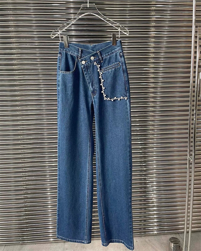 [Tan] special waist nail bead diamond inlaid wide leg jeans p2979# zxx