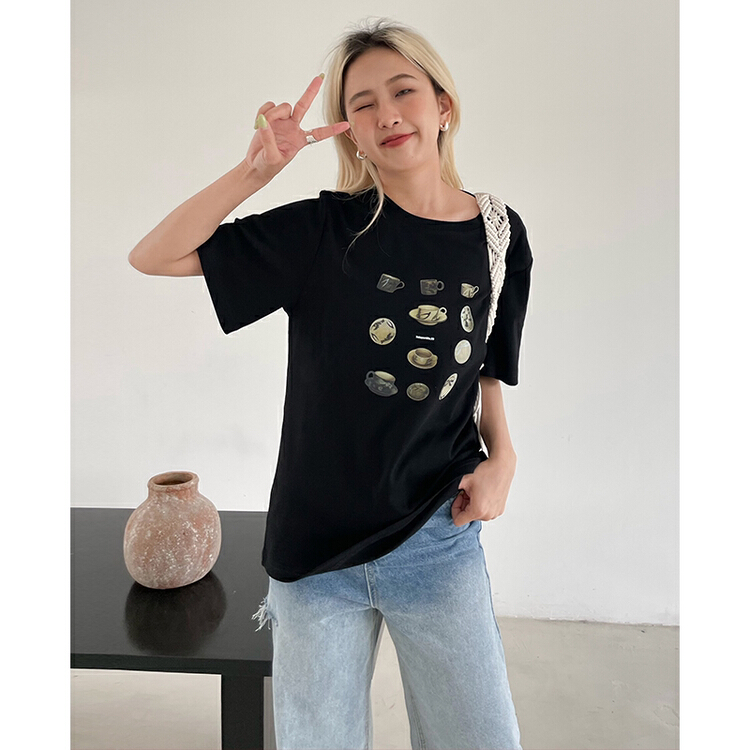 [FabI] Korean print casual round neck short sleeve T-shirt 3489# XYJ