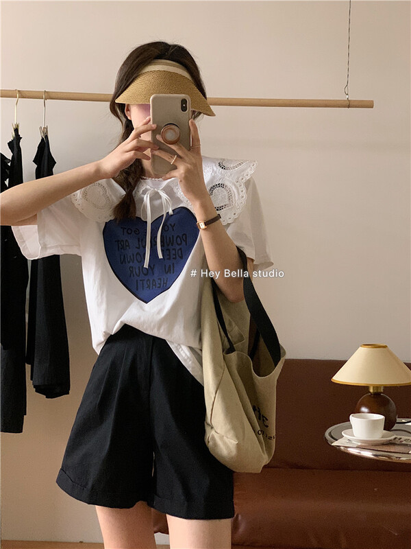 [hey Bella] fashion letter love printed short sleeve T-shirt (with detachable shawl) ys1-1535# ll