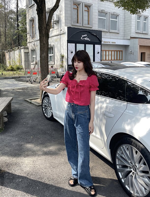 [X.C] sweet square neck plaid shirt 518# WPL