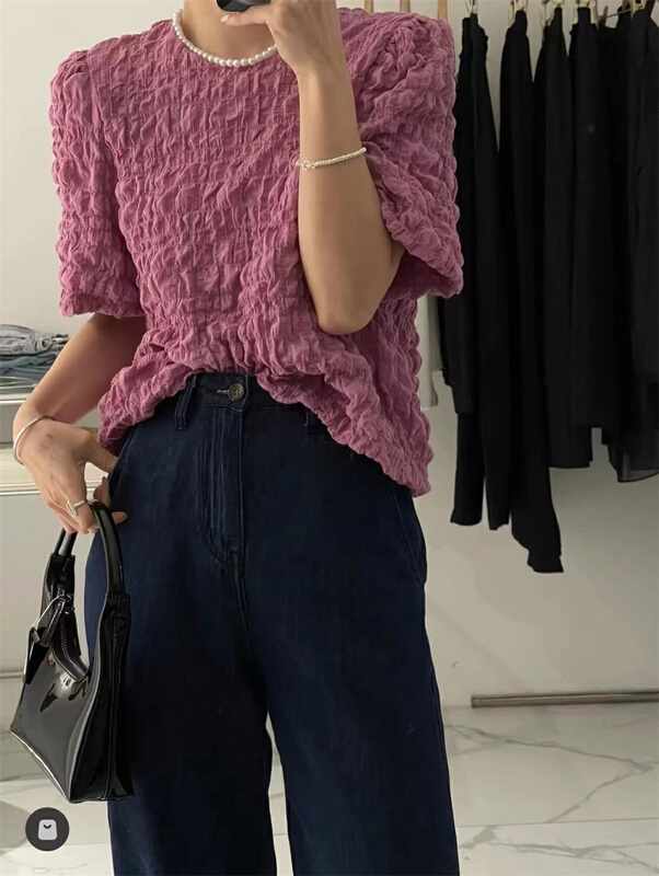 New in early summer! [Zr] crew neck solid color bubble sleeve short sleeve T-shirt 5536# XYY