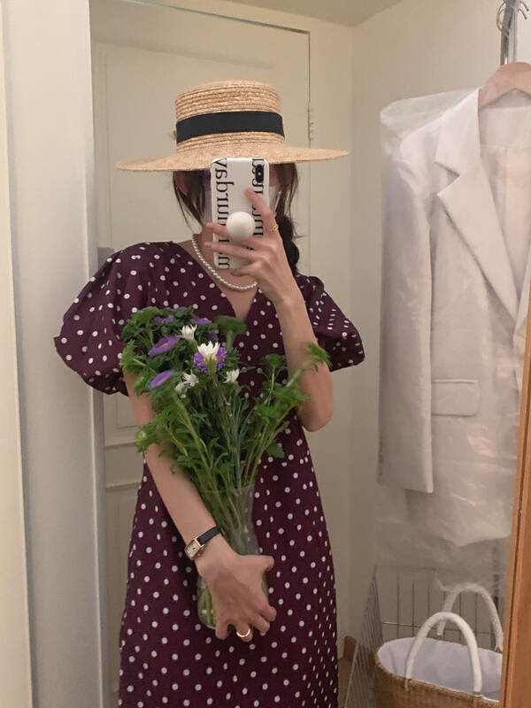 [timely rain] Han Feng ins playful purple retro wave point V-neck dress (only dresses) 02485# WPL
