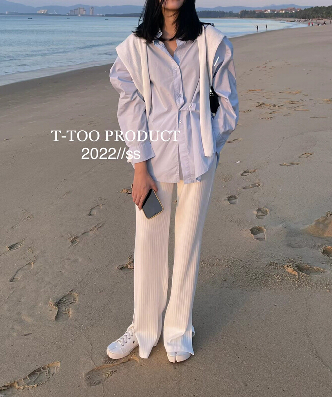 [t-too] elastic waist lower split straight casual pants 885844# LSL