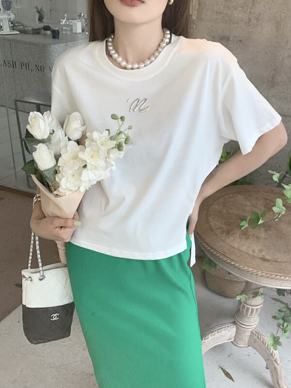 New in early summer! [qixuan'er] offset letter waist button short sleeve T-shirt 2665# LSW