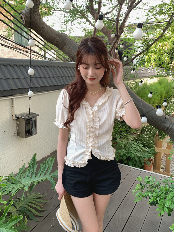 [as] sweet and gentle wind wood ear texture feeling bubble sleeve shirt 2204# hjy