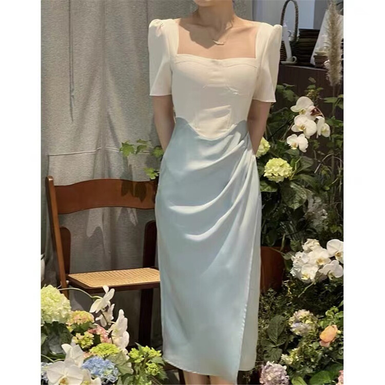 New in early summer! [clothing] temperament fashion contrast color square neck short sleeve dress 815# PCZ