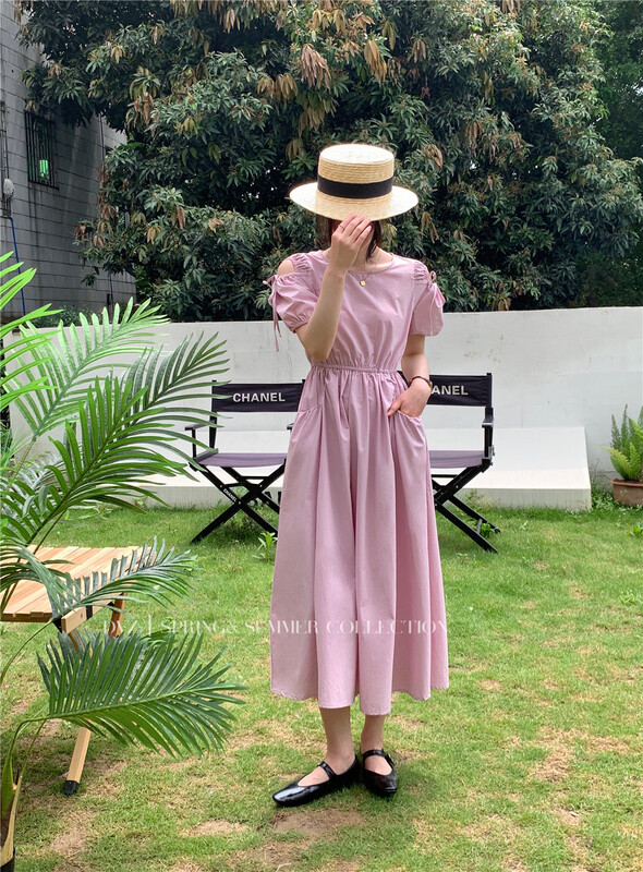 [dvz] Korean round neck waist closing bubble sleeve dress 3755# zxx