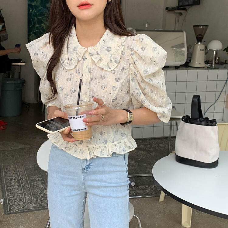 [timely rain] Korean style retro sweet palace style girl elegant three-dimensional lace thin shirt 00259# WPL