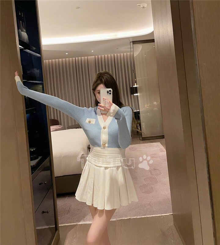 【TUTU】韓版小香風拼色短款針織開衫  99857#  CQW