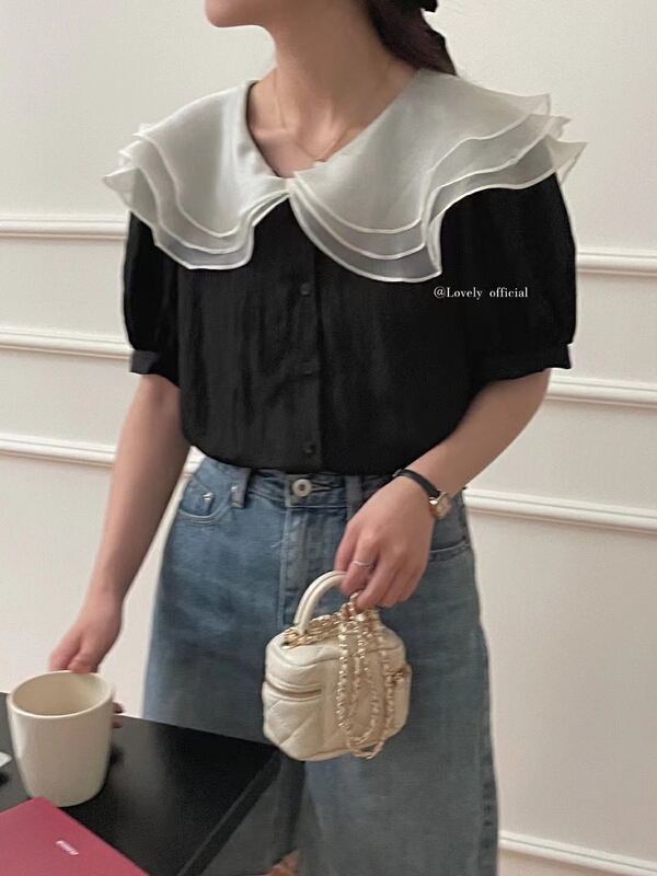 【 love 】 temperament French single breasted soft Ruffle collar shirt s1176\hbx